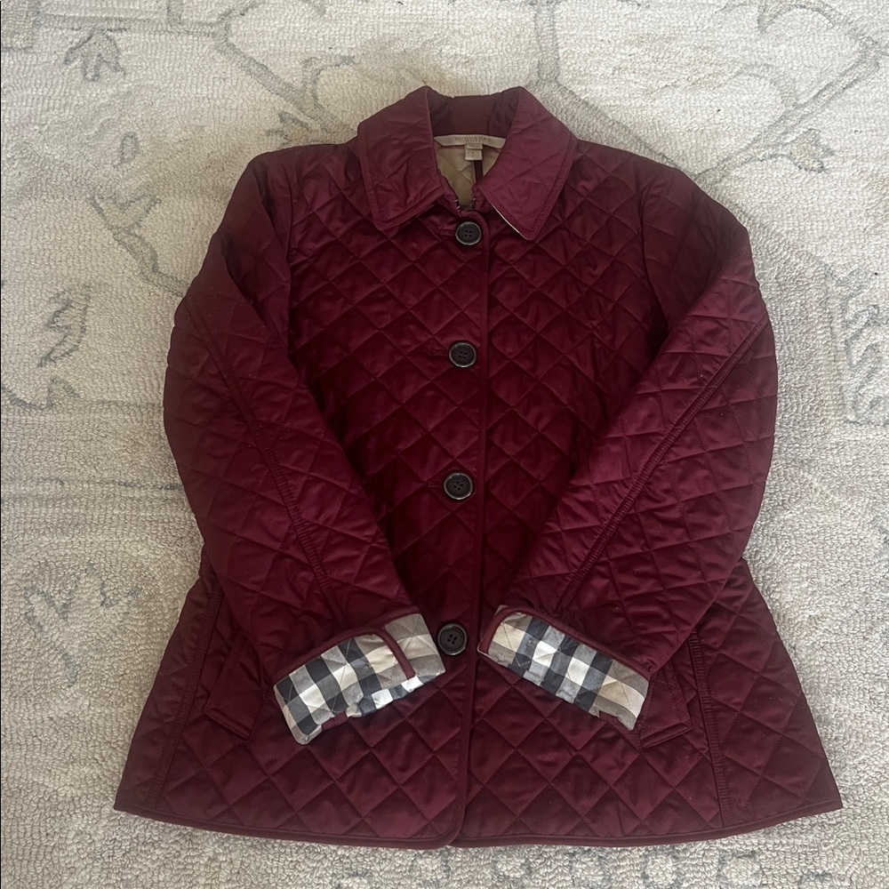Burberry Burgundy Quilted Puffer Jacket in Excellent Condition